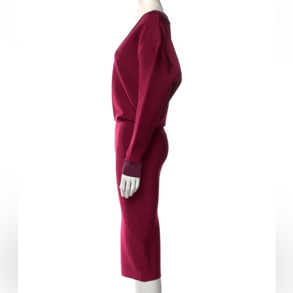 Herve Leger Deep Red V-Neck Midi Dress - Picture 2 of 6